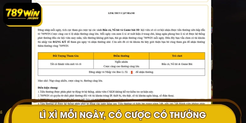 Cơ hội nhận lì xì may mắn mỗi ngày khi đặt cược tại 789WIN